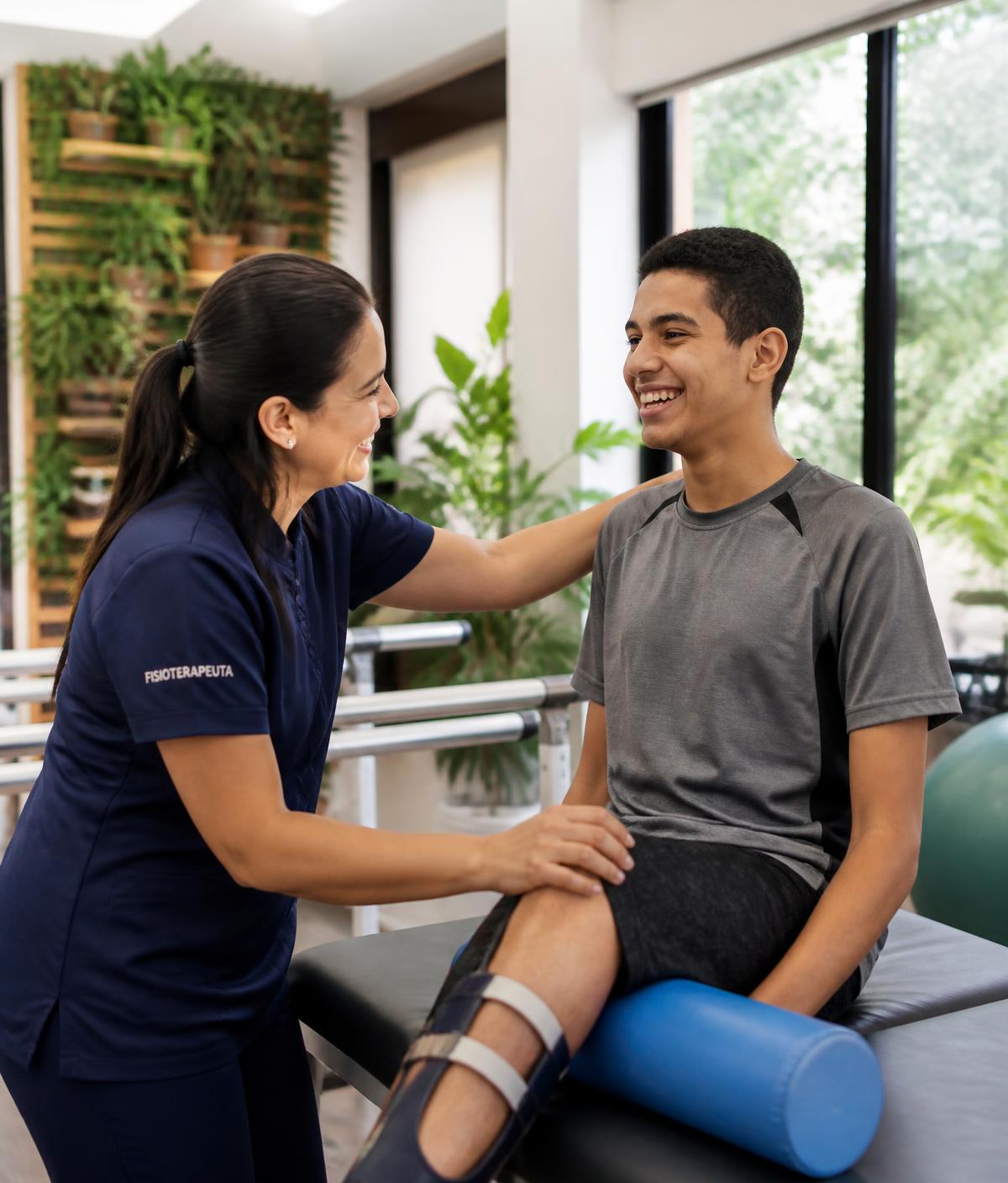 Fisioterapeuta atendendo adolescente em sala de reabilitação